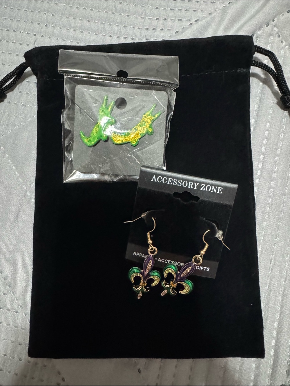 Green and Purple Fleur-de-Lis Dangle Earrings & Alligator Earrings